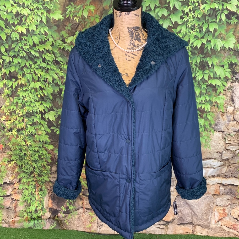 NWT HALOGEN Blue Hooded Sherpa Style Reversible Coat, S - Picture 6 of 16